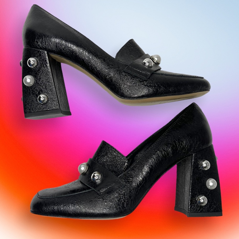 GET IT Italian Goat Skin Leather Chunky Heels, Sz 39/US 8, Pearl & Silver Studs